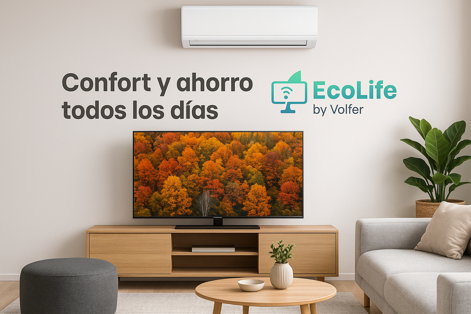 Living moderno con aire acondicionado, TV y planta decorativa